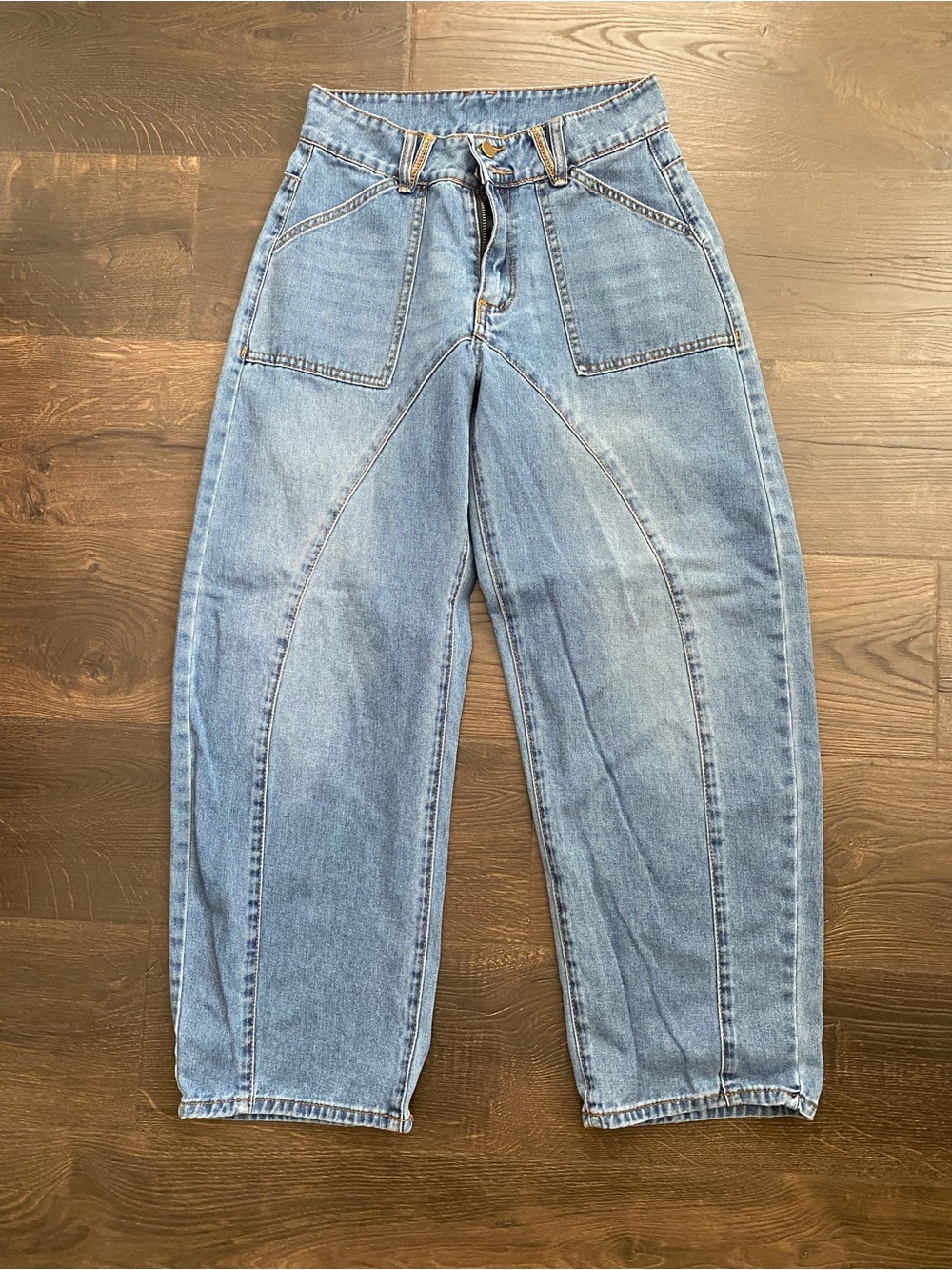SHEIN High Rise Barrel Leg Jeans Patch Pocket Curved Seam Size 27